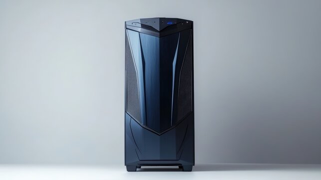 A computer tower with sleek design, dark blue gradient, soft highlights, copy space on the right, modern and bold