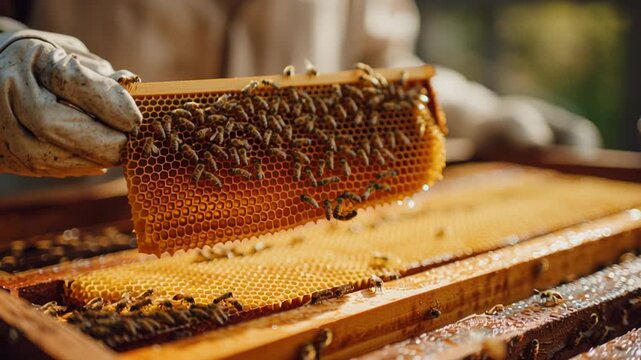 4k video of a beekeeper with honey in an apiary. Concept of beekeeping.