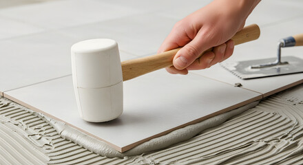 A tiler uses a white rubber mallet to set a gray ceramic floor tile into fresh mortar