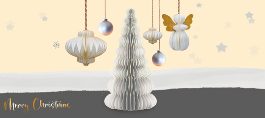 New design with off-white honeycomb Christmas tree and paper honeycomb angels. English text: Merry Christmas. Copy Space.