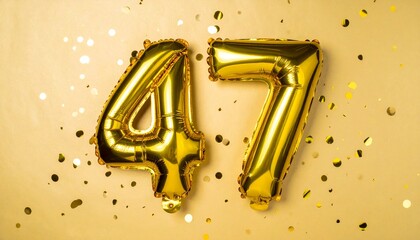 Gold balloon number 47 with confetti on solid colored background. Photo for anniversary or birthday party