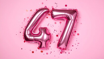 Pink balloon number 47 with confetti on solid colored background. Photo for anniversary or birthday party