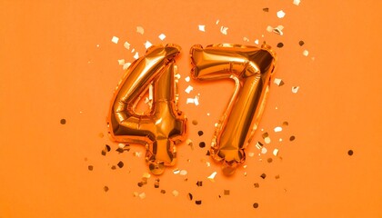 Orange balloon number 47 with confetti on solid colored background. Photo for anniversary or birthday party