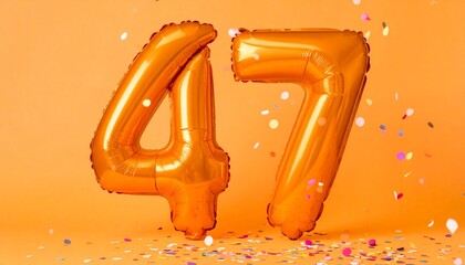 Orange balloon number 47 with confetti on solid colored background. Photo for anniversary or birthday party