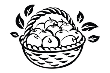 Black line art shows apples brimming from the woven basket among leaves
