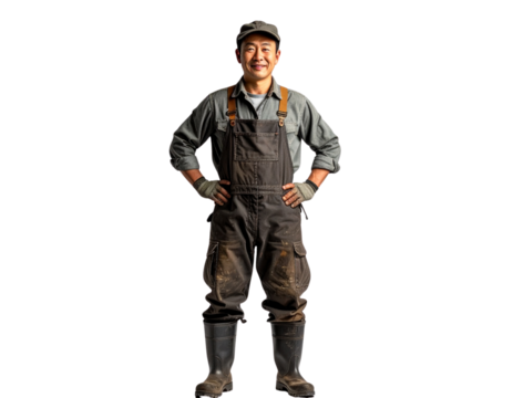Farmer Standing with Hands on Hips in Work Uniform, Isolated on White Background