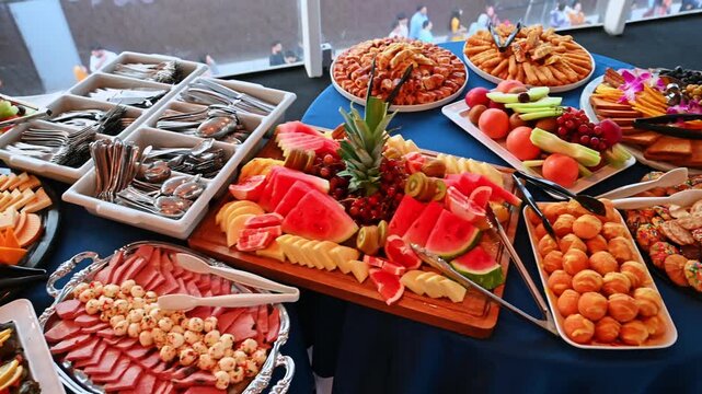 Buffet table with fruits, pastries and cheese platters. Colorful buffet with sliced fruits, pastries, cheese and cold cuts.