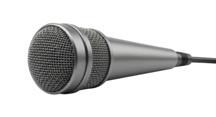 Silver microphone with mesh grille on black background in a close up view