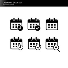 Glossy black design calendar icon set (Add check mark, clock, magnifying glass)