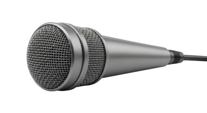 Silver microphone with mesh grille on black background in a close up view