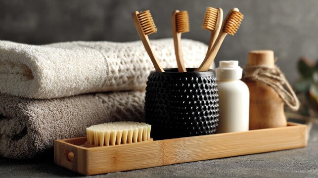 Stacked towels and bamboo toothbrushes offer a natural bathroom ambiance.