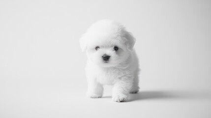 Obraz premium White puppy walking on a plain background, usable for pet care articles