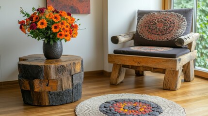 a wooden piece of furniture with a flower arrangement on one side and nice piece of art on the other.