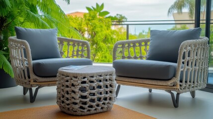 A woven jute ottoman beside a rattan chair, accented with a deep blue linen cushion and a blurred background of trailing vines