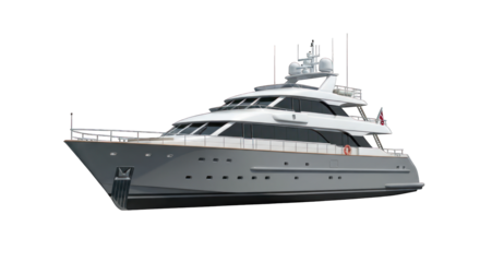 Sleek gray motor yacht with multiple decks isolated on a black background