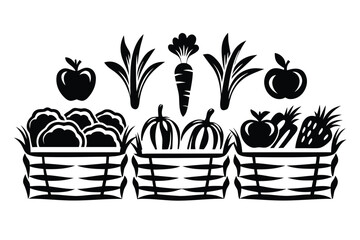 Black silhouette shows three baskets filled with different fruits and vegetables creatively arranged