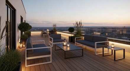Modern rooftop terrace with stylish outdoor furniture and city skyline views at dusk.