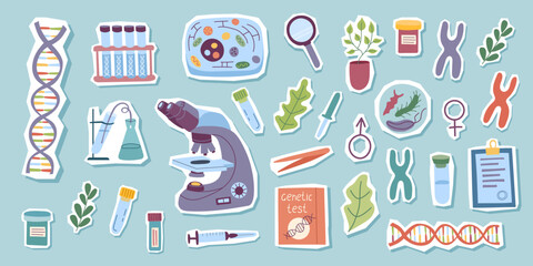 Flat illustration set of genetic and biological science elements isolated on white background. Vector flat cliparts, stickers.