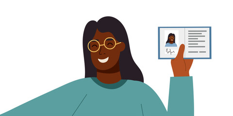 Woman holding a document and taking a photo of herselth isolated on white background. Vector flat clipart. Concept of identity, official document, verification, passport or ID check and personal data.