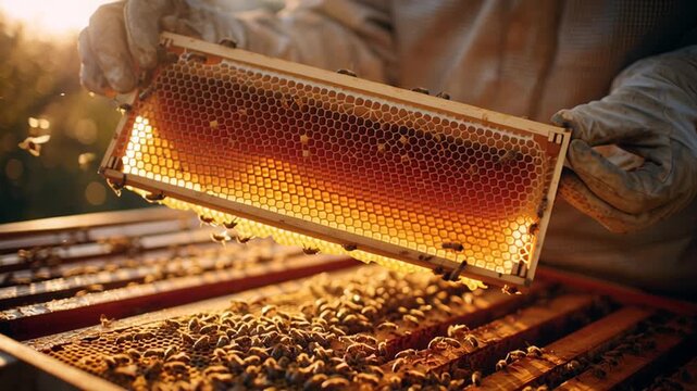 4k video of a beekeeper with honey in an apiary. Concept of beekeeping.