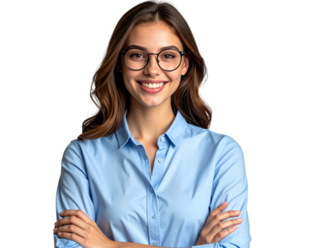 Confident Business Woman Wearing Blue Shirt and Glasses Smiling at Camera, Isolated on Transparent Background 