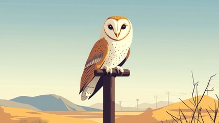Barn owl perched on post in desert with mountains background, for natural illustration