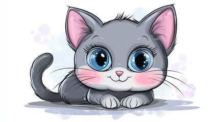 Gray kitten with large blue eyes rests on a white backdrop with light purple paint splatters