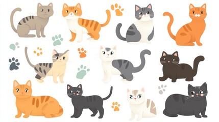 Group of cats in different colors and poses, with paw prints for illustration, possible for stickers, decor