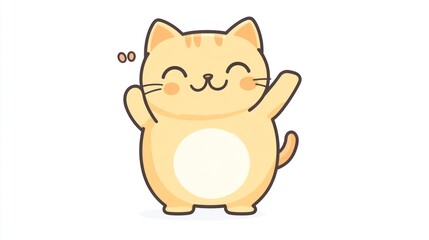 Cute orange cat waves on white background; graphic illustration for website, children's book