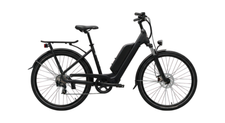 Sleek black e-bike angled right; shiny spokes, battery, and rack visible