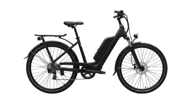 Sleek black e-bike angled right; shiny spokes, battery, and rack visible