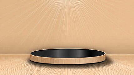 Minimalist stage with wooden floor and radiating light background.