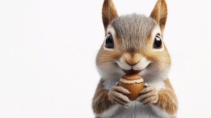 Squirrel holding acorn on white background for ads, website, print