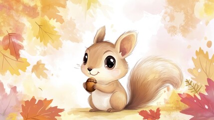 Cute squirrel with nut in falling leaves, seasonal art for kids' cards & decorations
