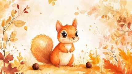 Cute squirrel standing with nuts on ground amid fall leaves, possible for seasonal illustrations