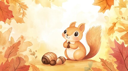 Squirrel holding acorn in forest with fall leaves, suitable for children's books
