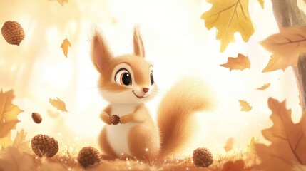 A squirrel stands amid falling leaves in autumn, nature scene for children's illustrations