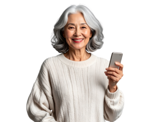  Smiling Elderly Woman Holding Smartphone, Isolated on Transparent Background 