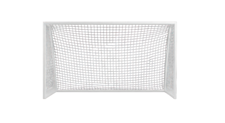 Soccer goal post with net, white structure on dark background