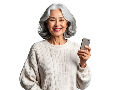  Smiling Elderly Woman Holding Smartphone, Isolated on Transparent Background 