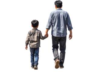 Father and Son Walking Hand-in-Hand, Back View, Isolated on Transparent Background