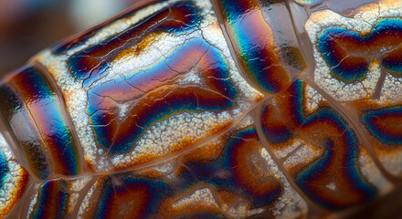 An extreme macro image of the iridescent rainbow scales of a sunbeam snake showing detailed texture and color