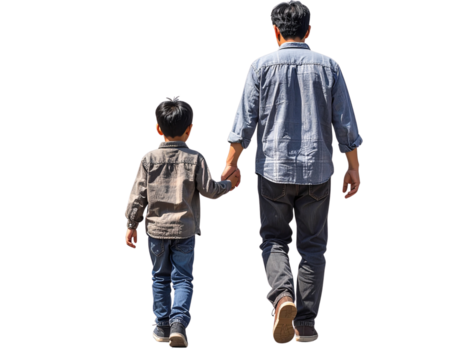 Father and Son Walking Hand-in-Hand, Back View, Isolated on Transparent Background