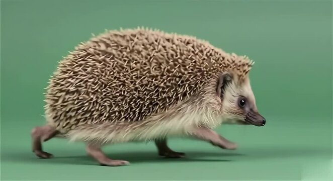 A European hedgehog trots gracefully across a vibrant green screen, capturing its endearing movement and spiky protective coat against an isolated backdrop