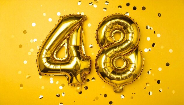 Gold balloon number 48 with confetti on solid colored background. Photo for anniversary or birthday party