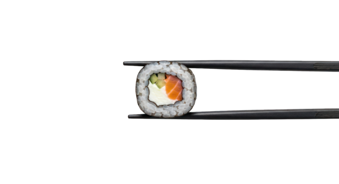 Sushi roll held by chopsticks, isolated on black background, centered