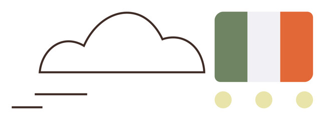 Cloud outline with dynamic lines paired with a train featuring the Irish flag. Ideal for travel, transportation, Ireland tourism, logistics, minimalism, speed, global connection. Simple flat metaphor