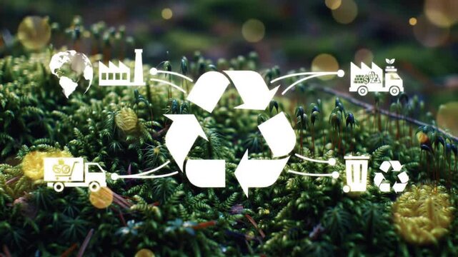 Circular Economy Concept with Recycling Icons on Green Moss Background