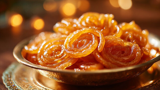 jalebi sweet in plate on golden bokeh background