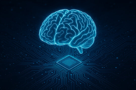 Futuristic artificial intelligence brain glowing over microchip processor with blue digital circuits for advanced technology innovation